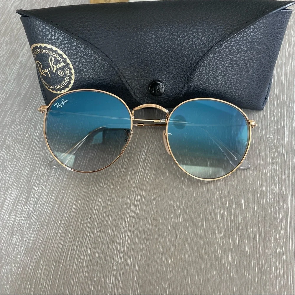 Ray-Ban Sunglasses Round Flat Lenses Gold Frame Blue Lenses - Picture 4 of 5